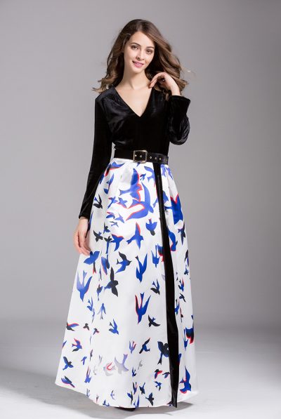 Belluci Designer Velvet & Swallow Print Dress