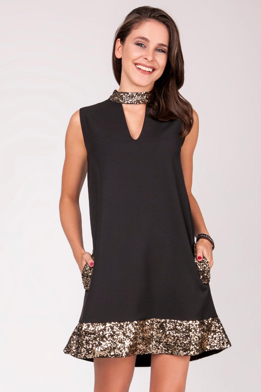 Black & Gold Sequin Baby Doll Dress