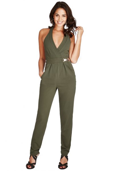 Khaki V-neck Belted Jumpsuit