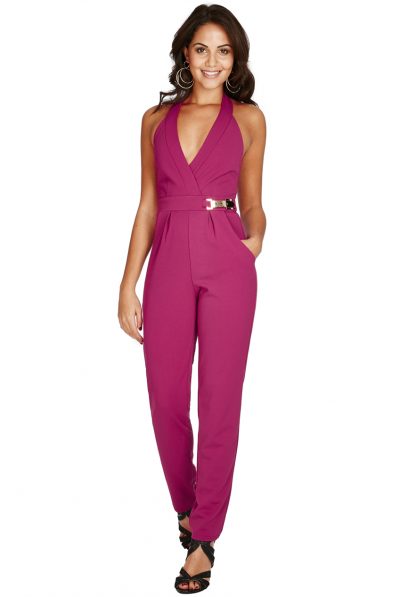 Magenta V-neck belted jumpsuit