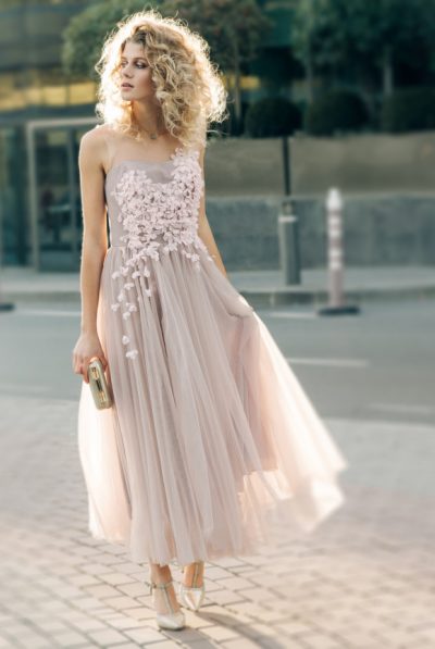 Chiffon Flowers Embellished  Tulle Dress- Hand Finished
