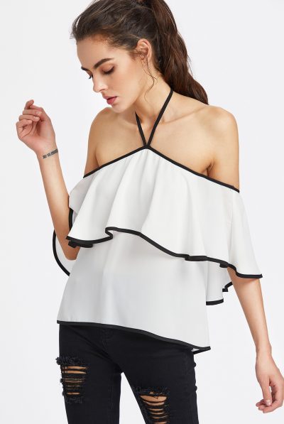 White & Black Binding Ruffle Top