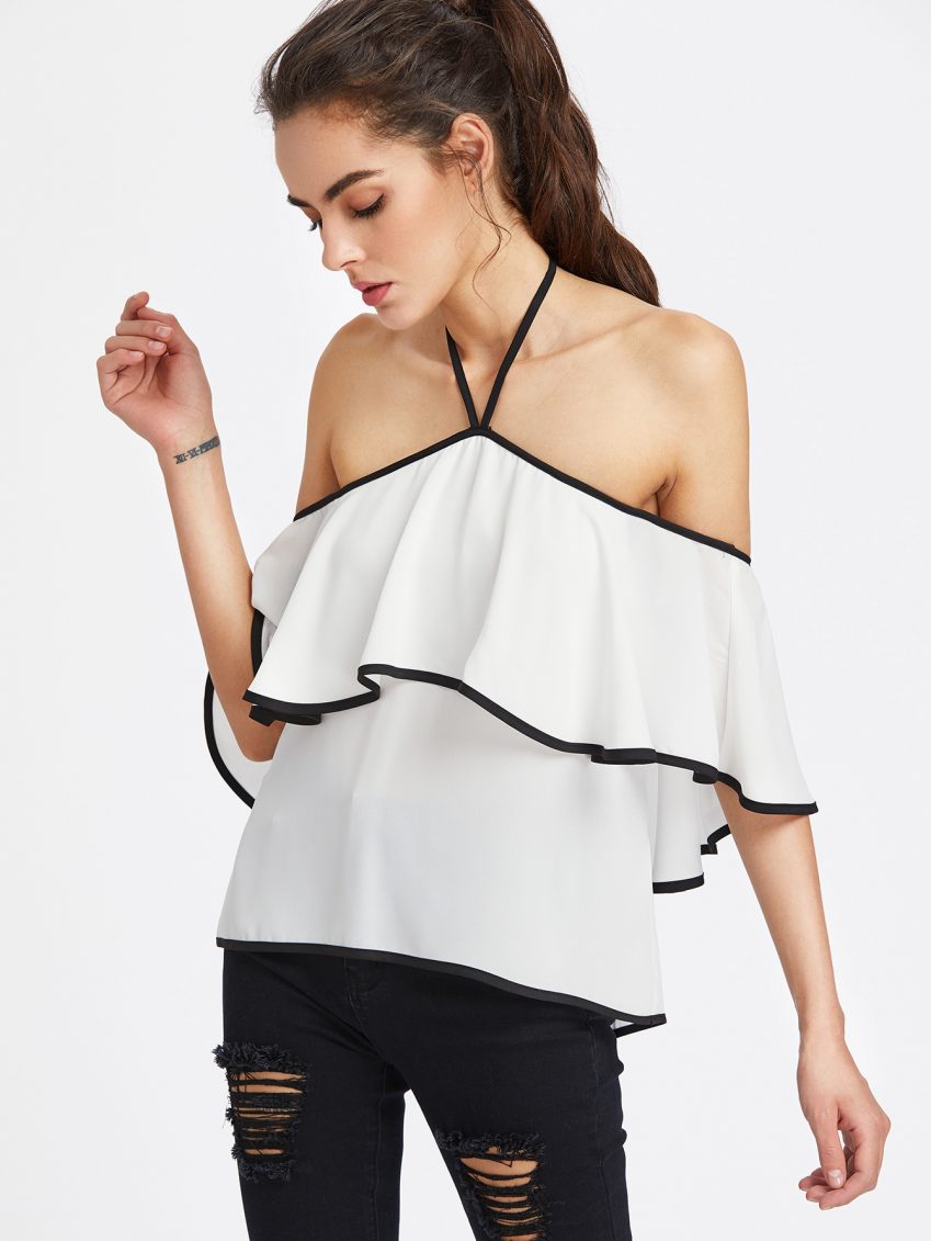 White & Black Binding Ruffle Top