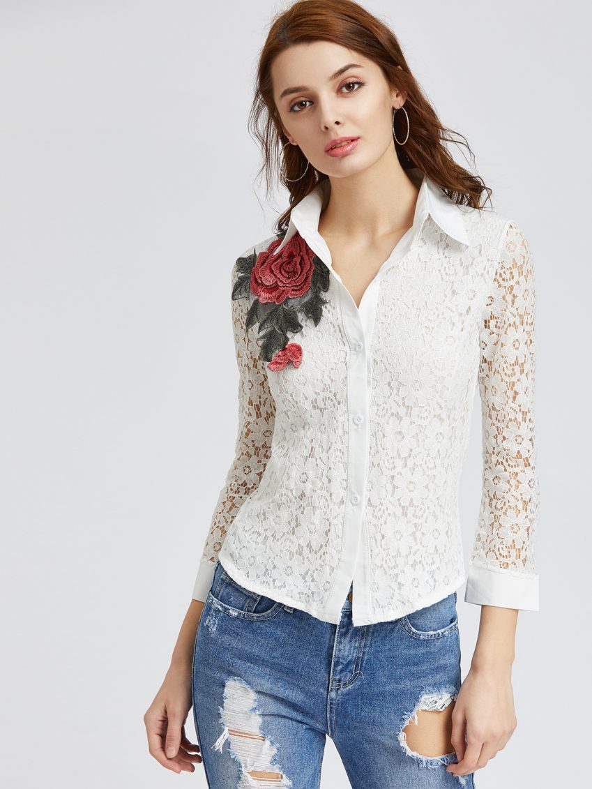 White Lace Embroidered Blouse