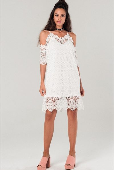 Cold-Shoulder White Lace Dress