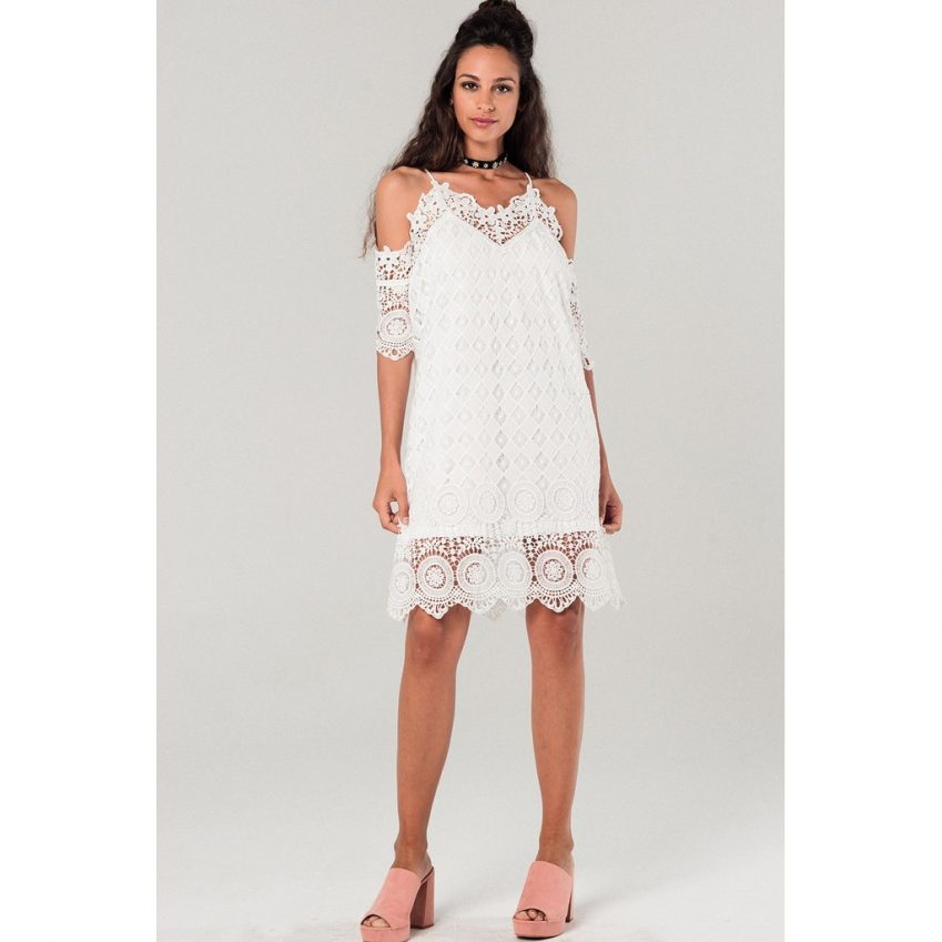 Cold-Shoulder White Lace Dress