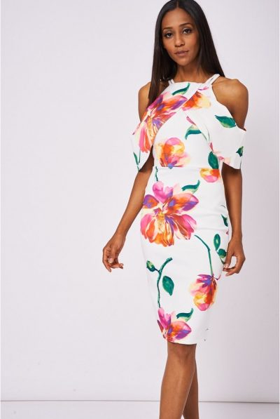 White Cold-Shoulder Floral Dress