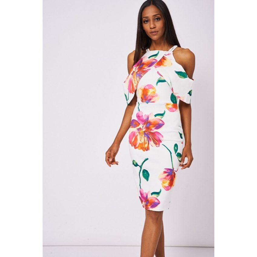 White Cold-Shoulder Floral Dress
