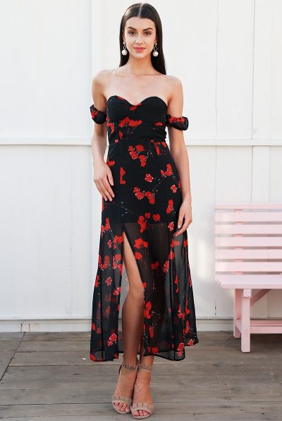 Spring Rose Off-shoulder Maxi Dress