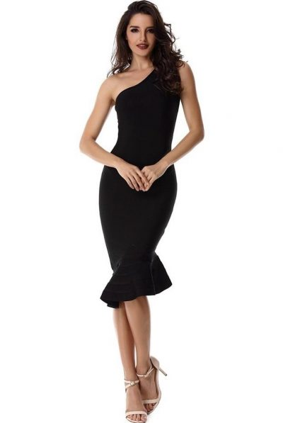 One-Shoulder Black Bandage Ruffles Dress