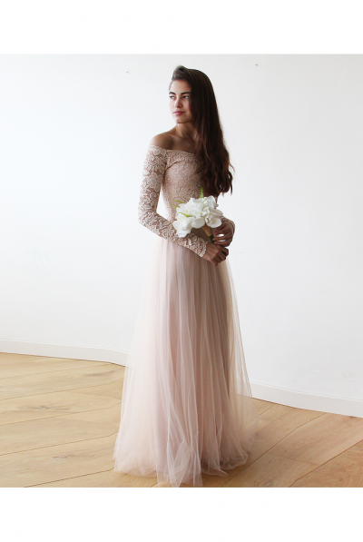 Blush Off-The-Shoulder Lace and Tulle gown