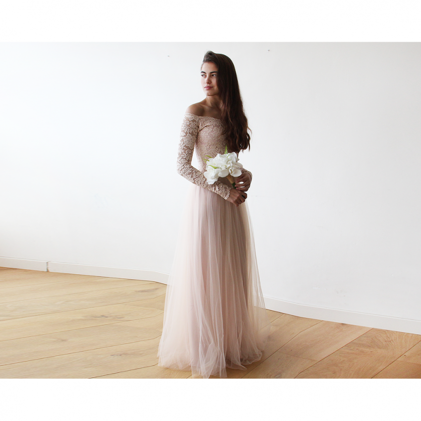 Blush Off-The-Shoulder Lace and Tulle gown