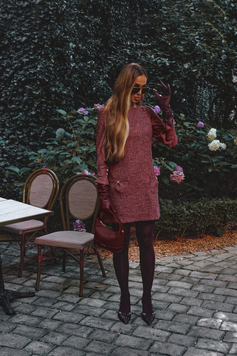 burgundy dress tweed