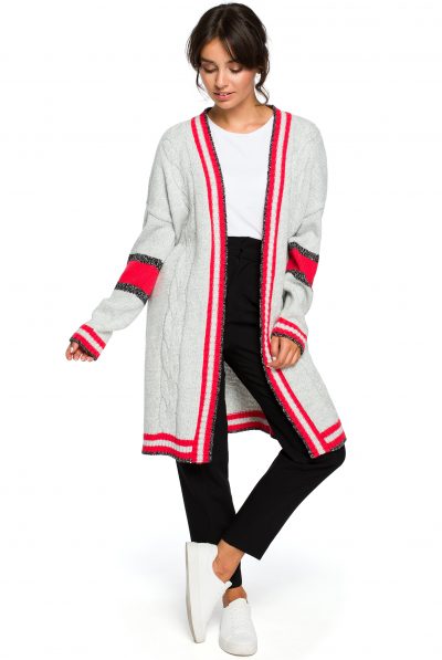Grey & Red Long-Line Cardigan