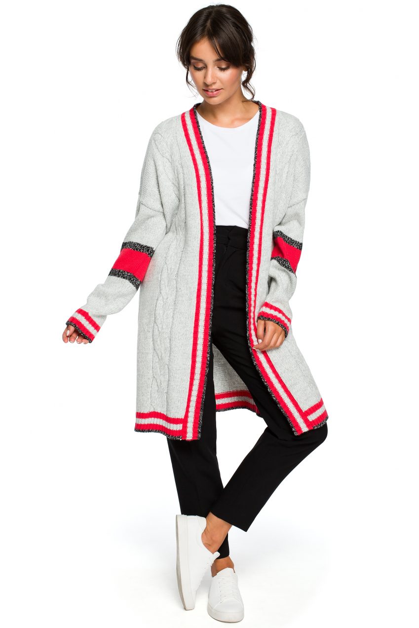 Grey & Red Long-Line Cardigan