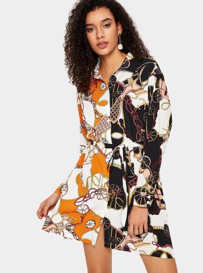Chain Scarf Print Shirt Dress