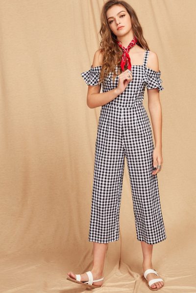 Cold-shoulder Gingham Jumpsuit
