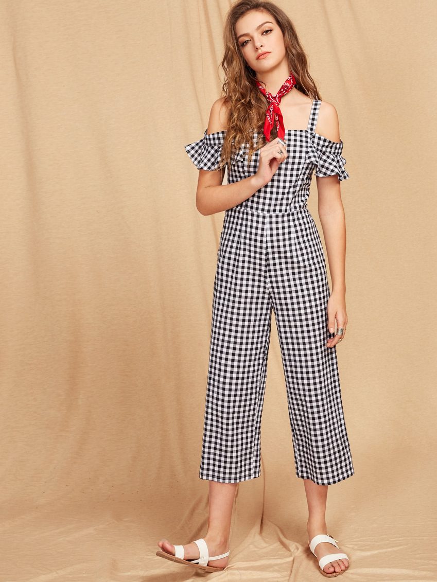 Cold-shoulder Gingham Jumpsuit