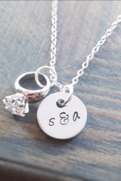 Couples Initials and Engagement Ring Necklace