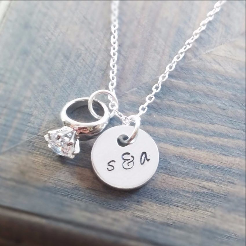 Couples Initials and Engagement Ring Necklace