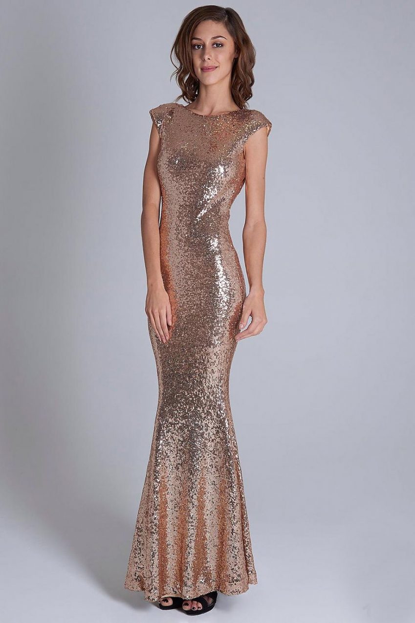Gold Sequin Fishtail Evening Dress - Black available also