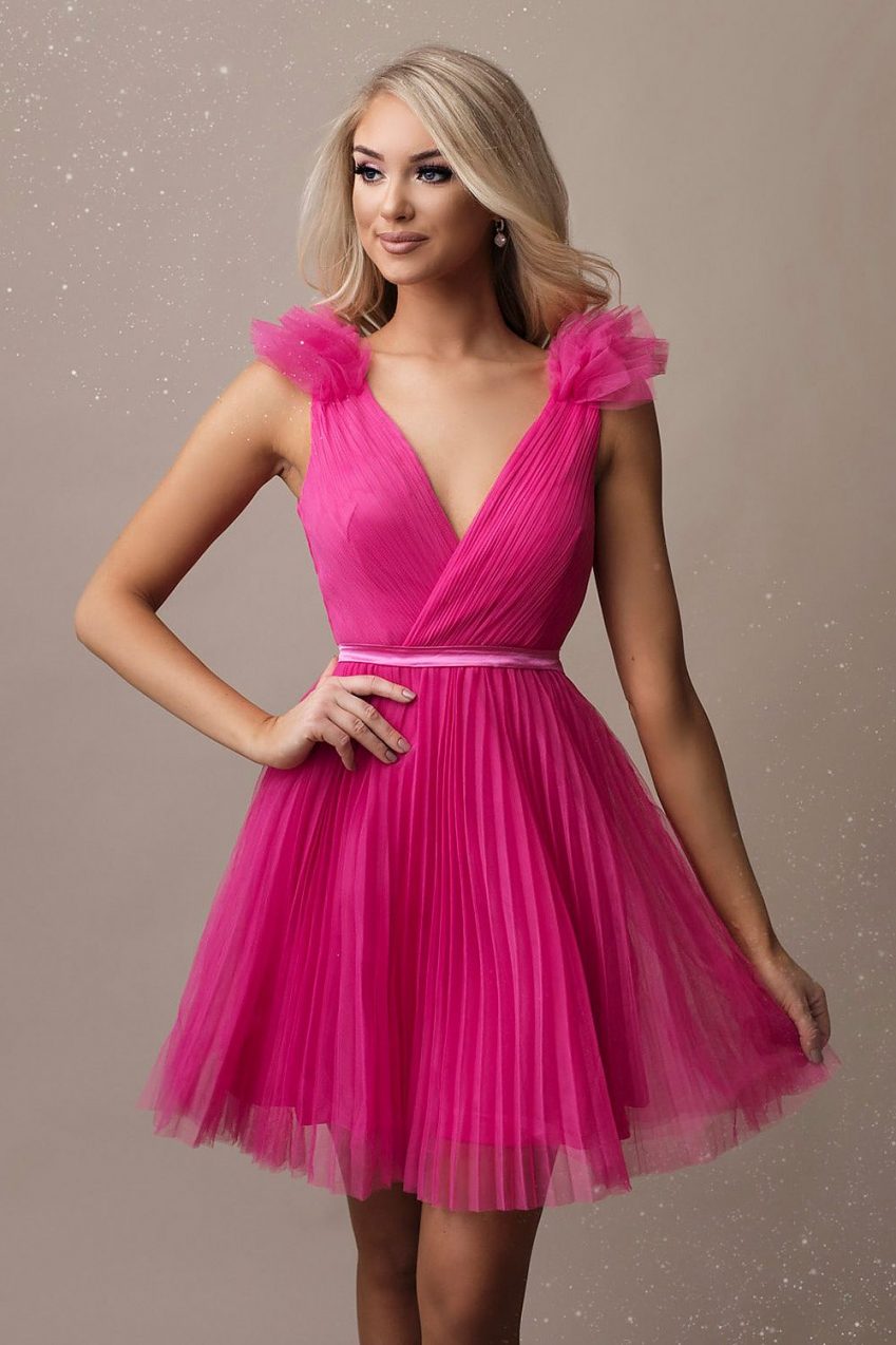 Pink V-neck Short Dress