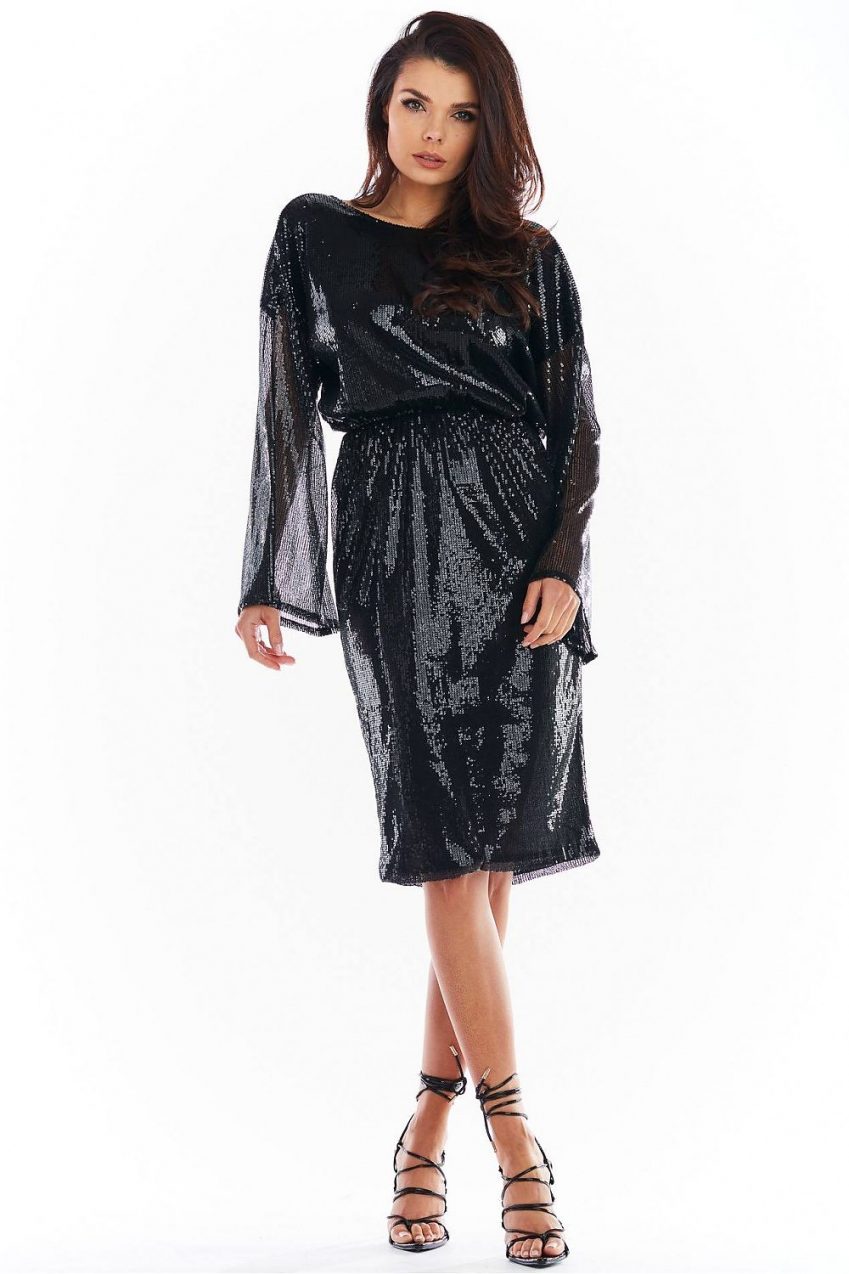 Black Sequin Bell Sleeve Dress