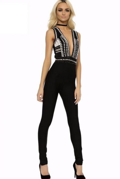 Deep Plunge Bejeweled Jumpsuit