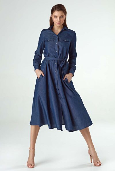 Denim A-line Belted Dress