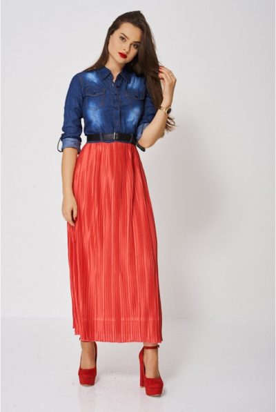 Denim Pleated Skirt Maxi Dress