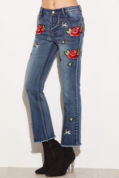 Blue Frayed Embroiderd Flare Jeans