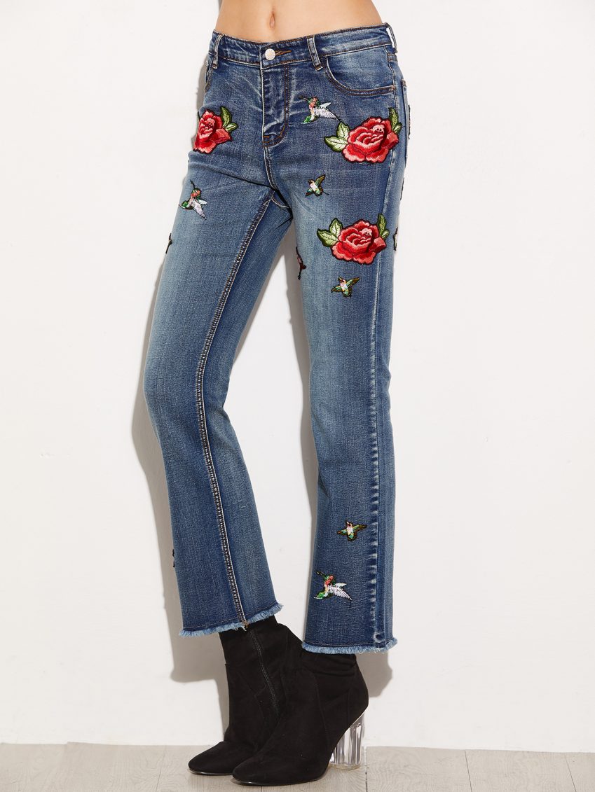 Blue Frayed Embroidered Flare Jeans