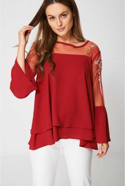 Red Embroidered Bell Sleeve Top