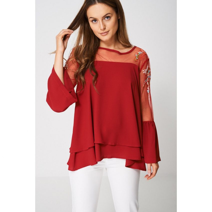 Red Embroidered Bell Sleeve Top