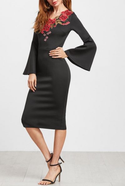 Falling Rose Embroidered Pencil Dress