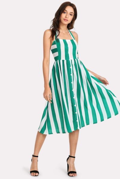 Green Striped A-line Dress
