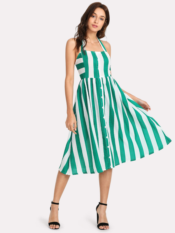 Green Striped A-line Dress