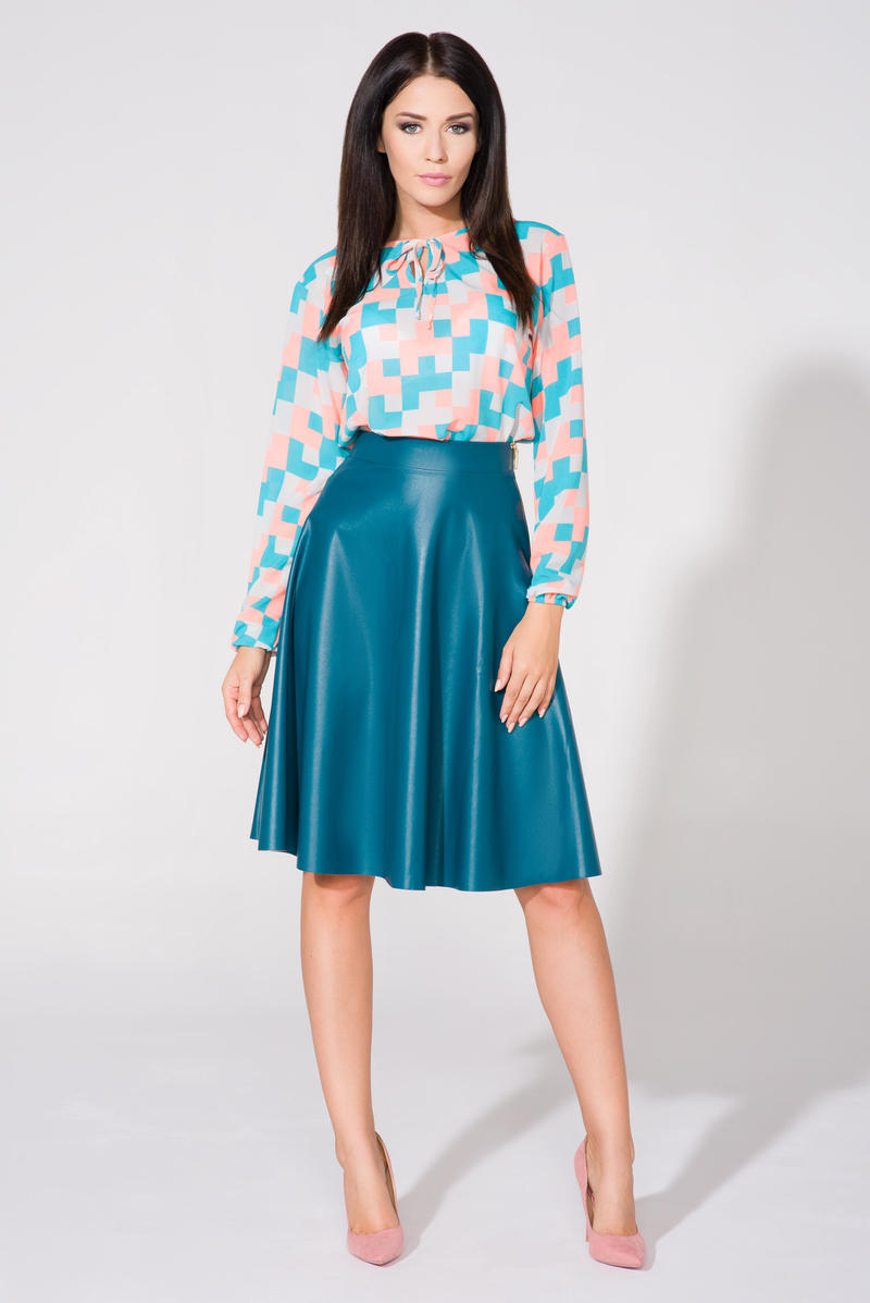Sea Blue Flared Midi Eco-Leather Skirt