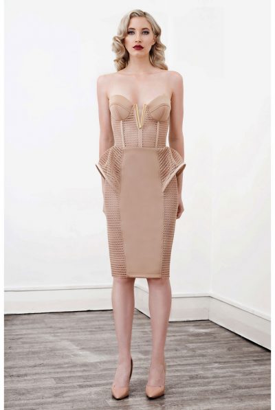 'Onyx' Peplum Cocktail Dress in Caramel