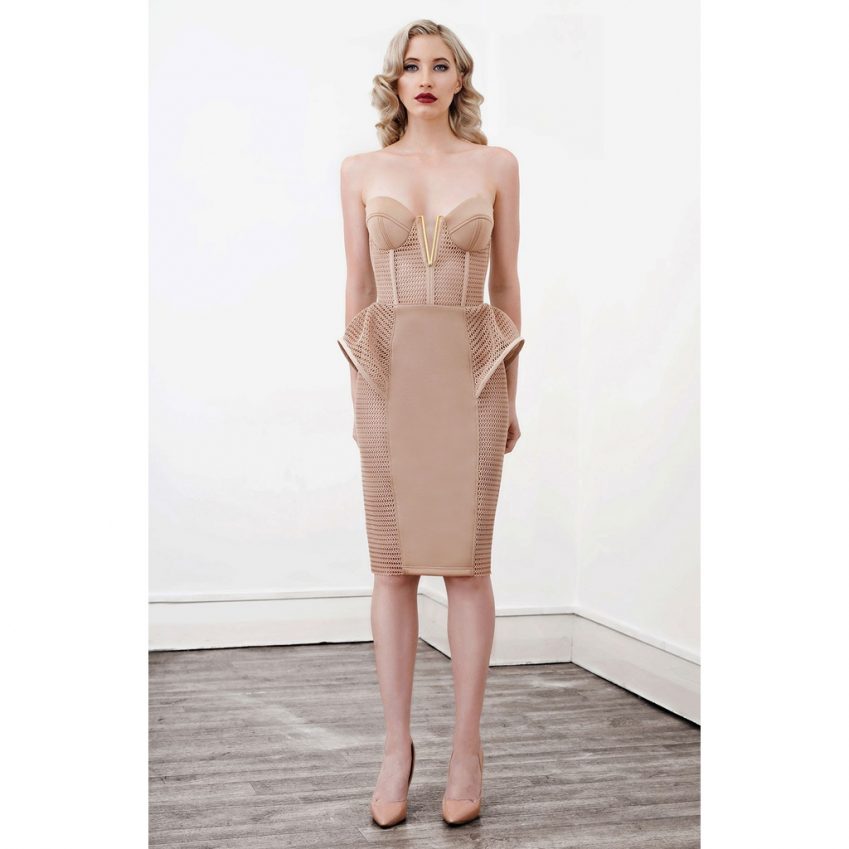 'Onyx' Peplum Cocktail Dress in Caramel