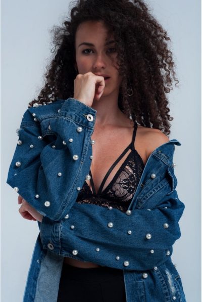 Pearls Long-Line Denim Jacket