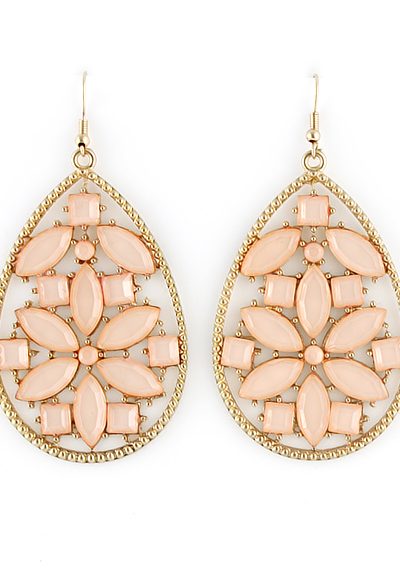 Pink Gemstone Gold Hollow Drop Earrings