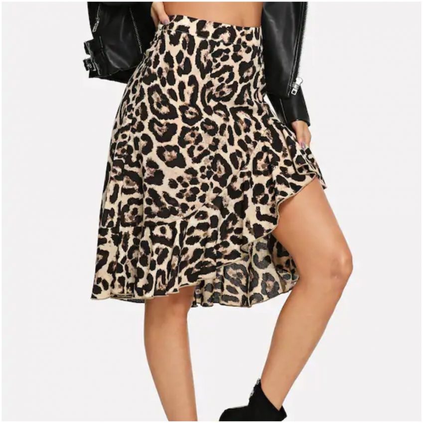 Leopard Print Asymmetrical Ruffles Skirt