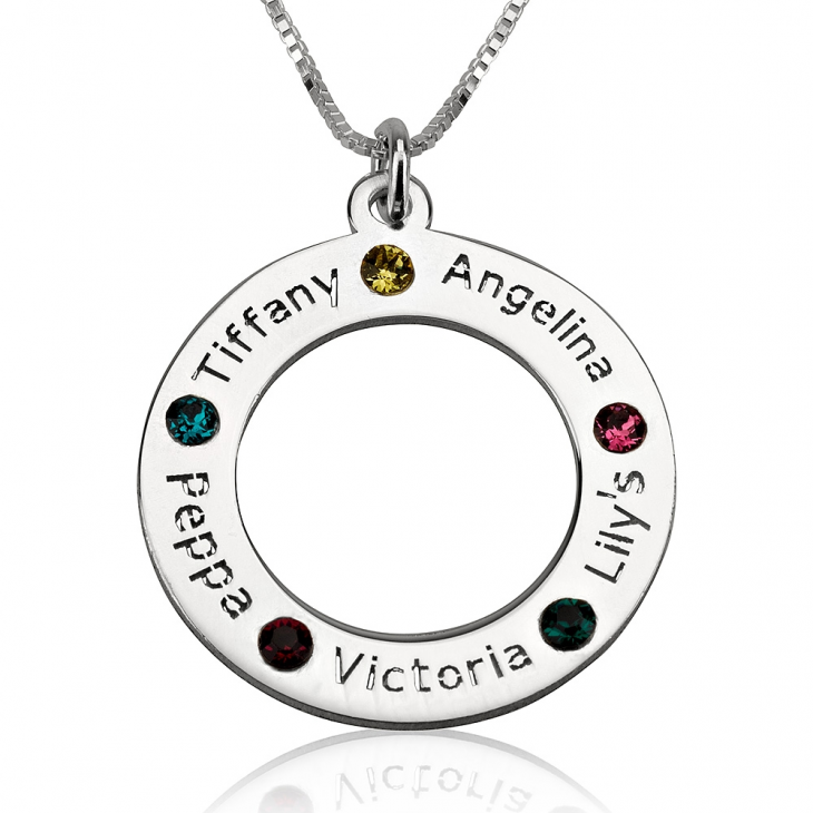 Silver Circle Family Necklace with 5 Names & Birthstones - GetNameNecklace