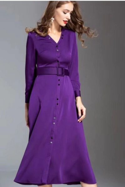 Purple V- Neck Buttons Dress