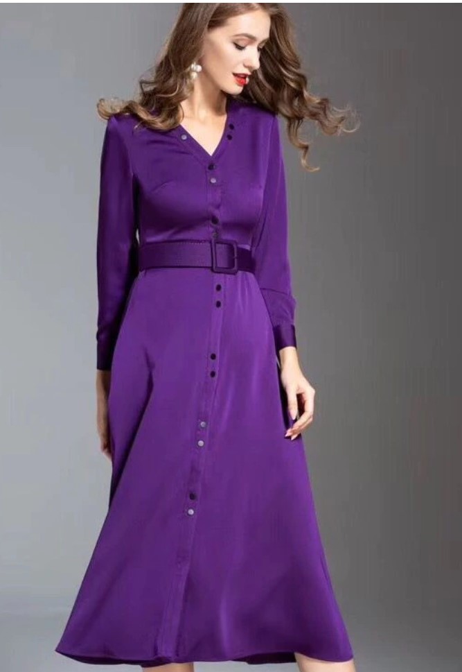 Purple V- Neck Buttons Dress