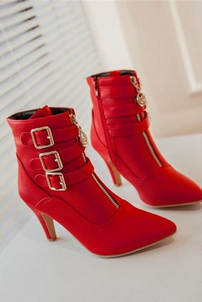 Red Buckle Ankle Boots