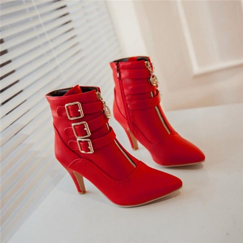 Red Buckle Ankle Boots