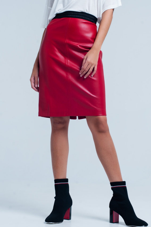 Red Leather Midi Skirt