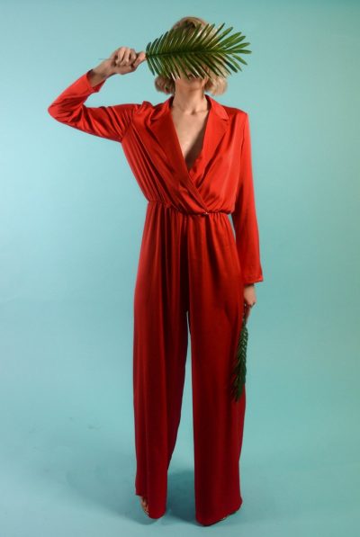 red satin jumpsuit